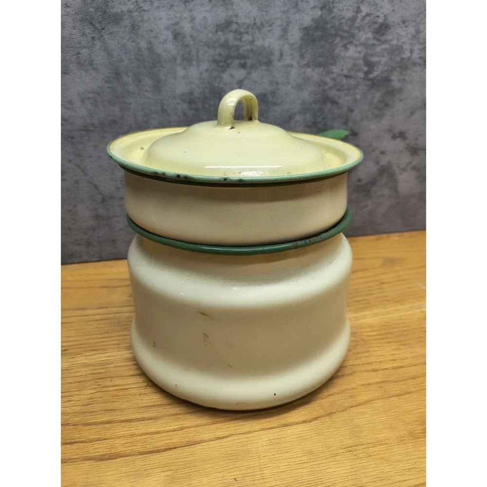 Vintage Enamelware Double‎ Boiler Cream Green Trim Circa 1930's - 40's Lid 3 Pcs